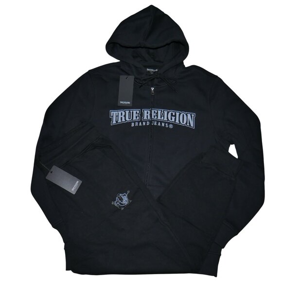 True Religion 2 PC Men's Sweatsuit Denim Logo Hoodie Joggers Tracksuit Set NWT - Picture 8 of 12